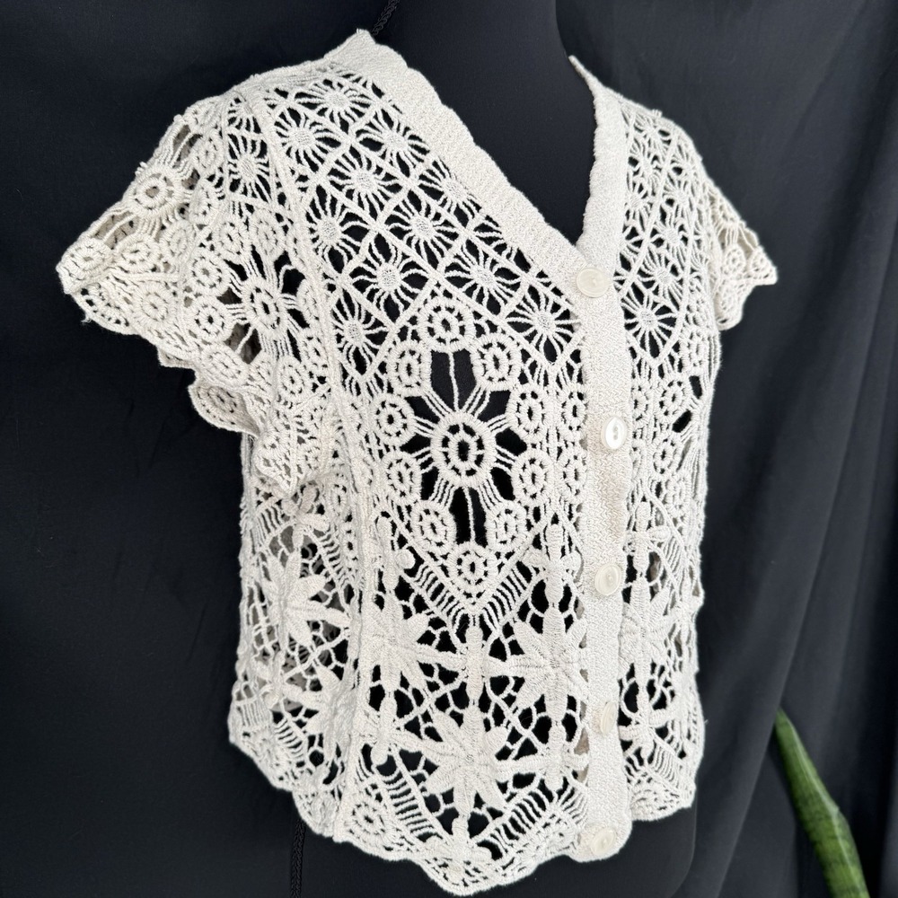 Ivory Crochet Sheer Lace Top L Boho Chic Cottagecore Indie Short Sleeve Cardigan - Picture 2 of 6